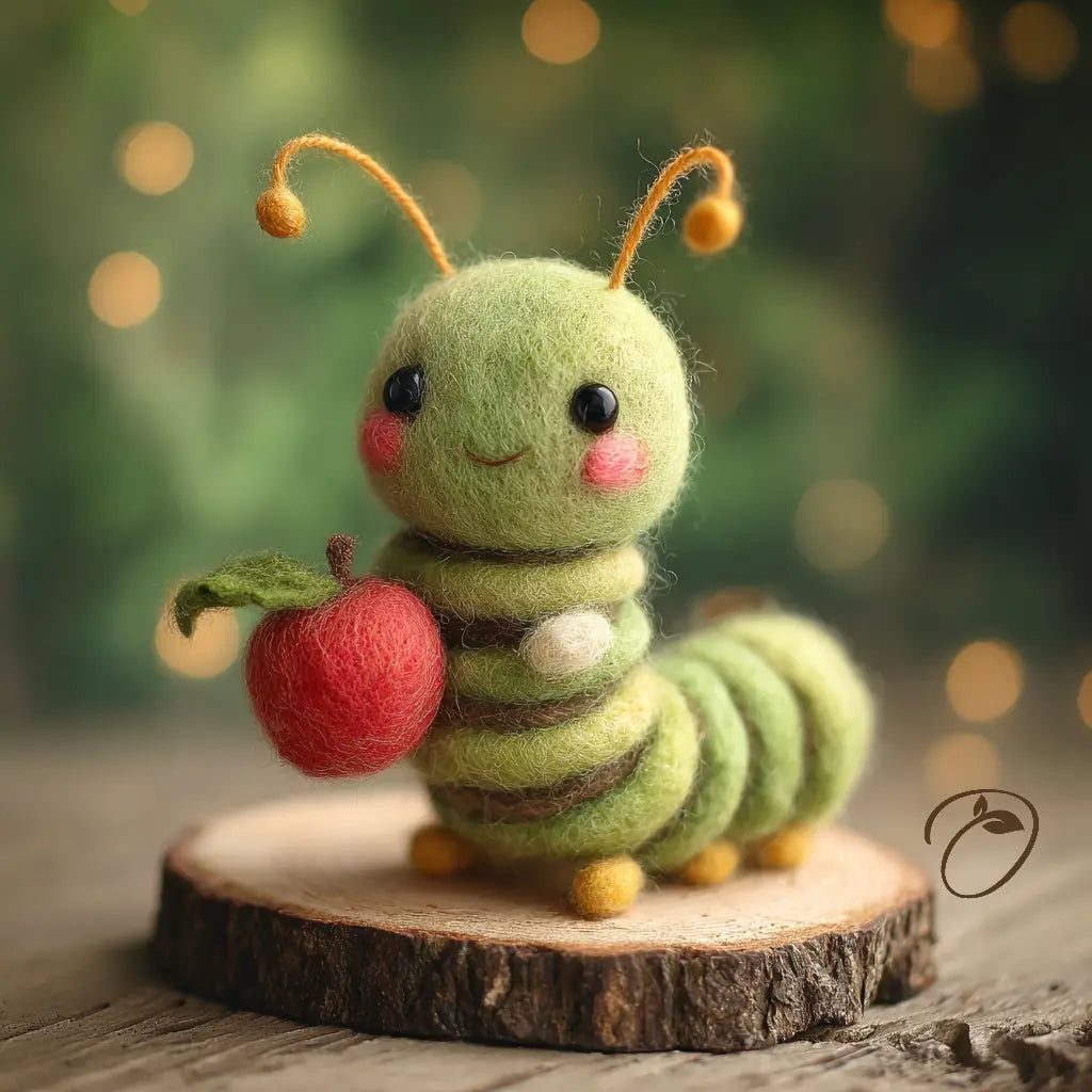 A cute needle-felted caterpillar craft holding a small red apple, standing on a round wood slice. The caterpillar is made of soft green felt with brown stripes, yellow antennae and feet, and pink cheeks, set against a warm, blurred bokeh background.