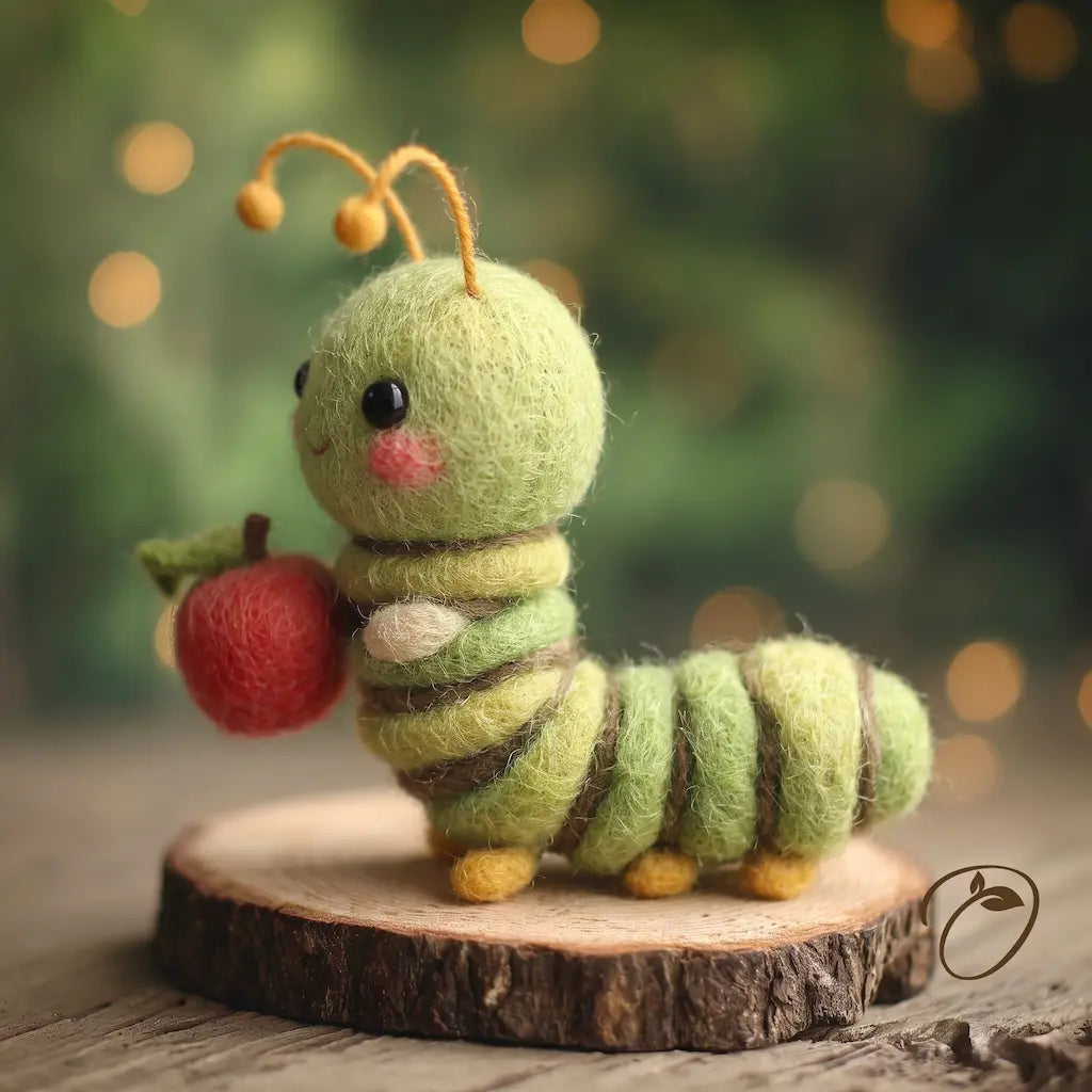 A cute needle-felted caterpillar made of light green wool, holding a small red apple. The caterpillar has yellow antennae, black bead eyes, pink wool cheeks, and yellow feet.