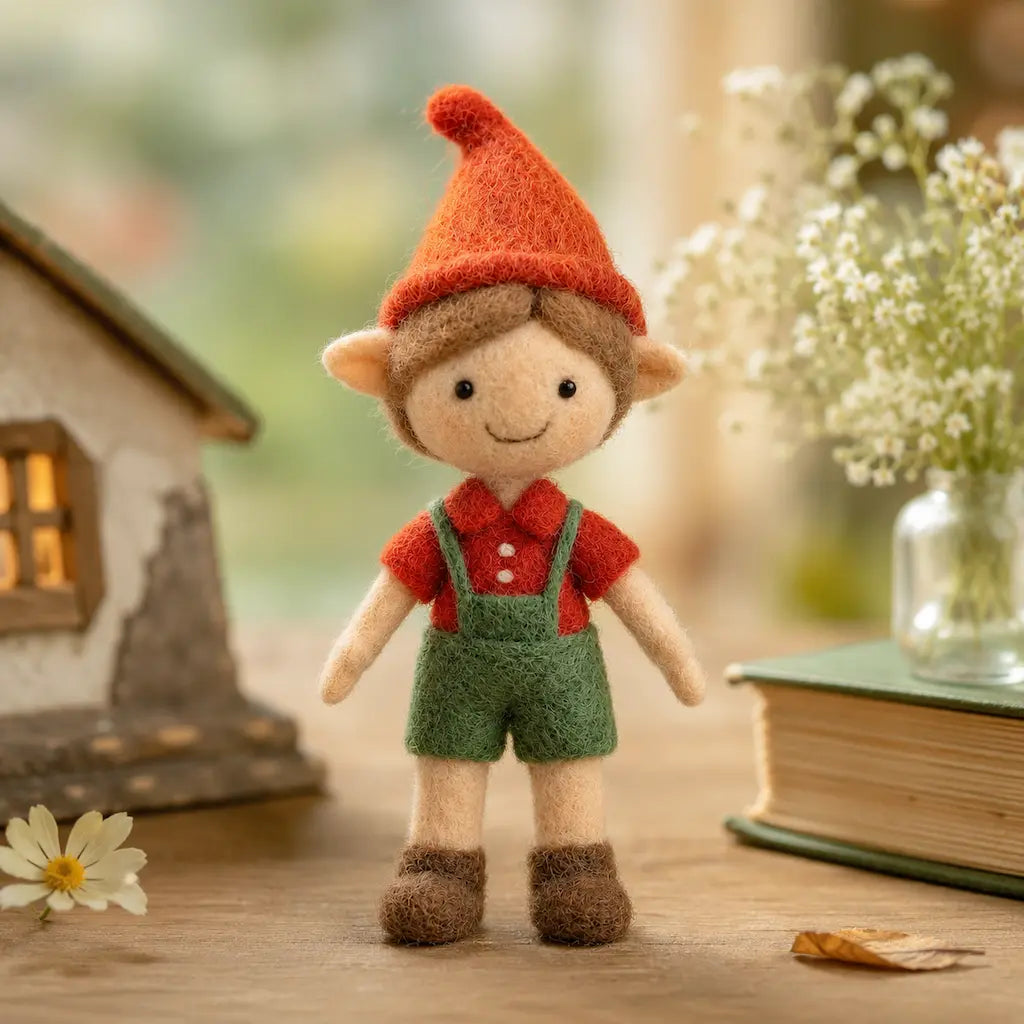 Small figurine of a character with a red hat and green overalls standing on a wooden surface with a blurred background.