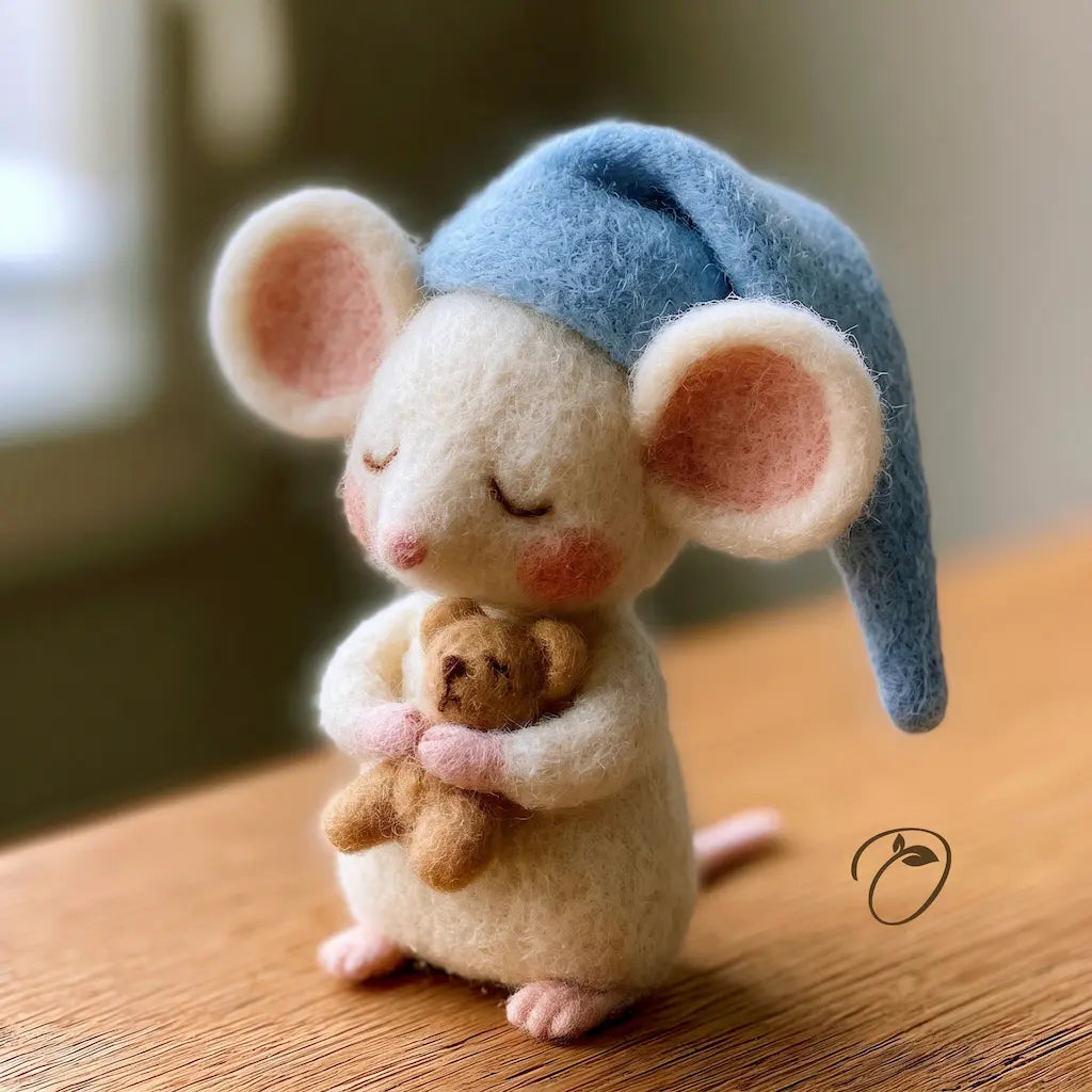 A small felt mouse figurine wearing a blue nightcap and holding a brown teddy bear, photographed on a wooden surface with a softly blurred indoor background.