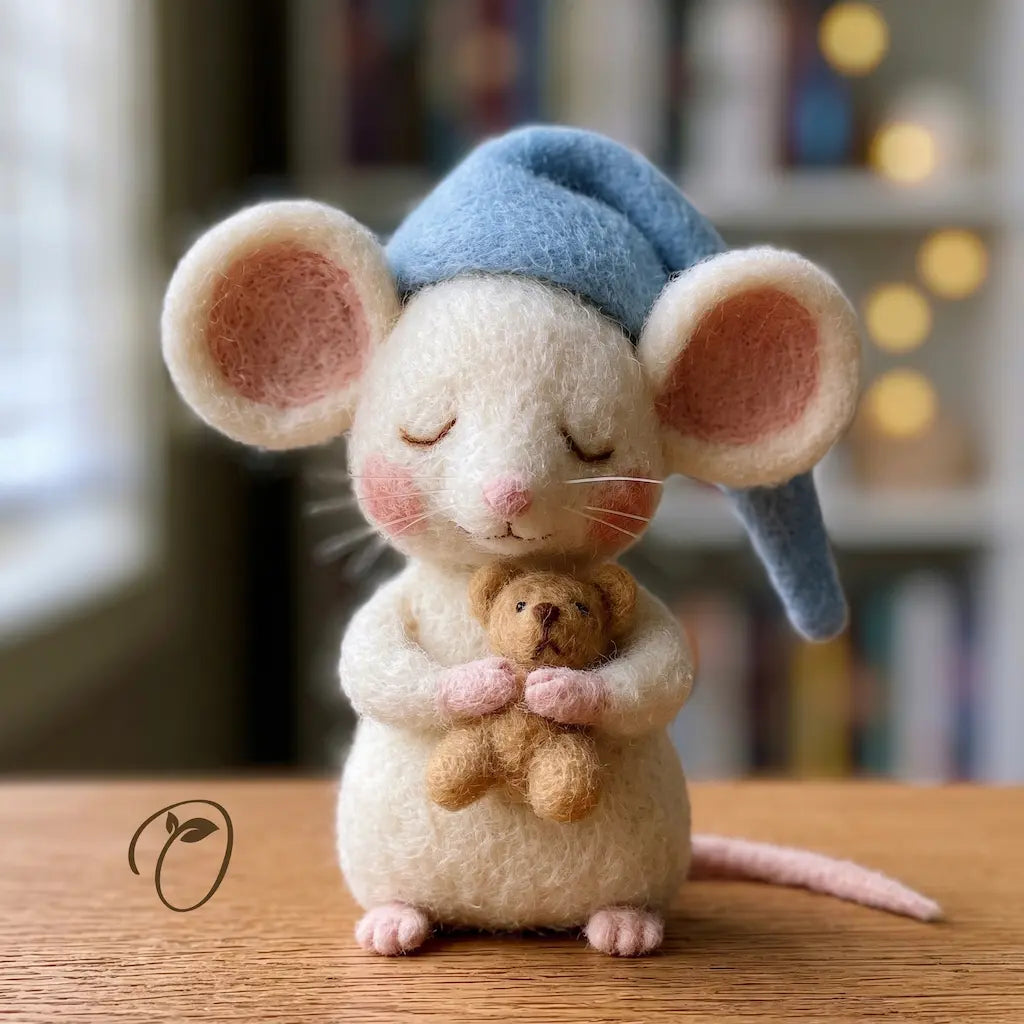 A cute needle-felted mouse figurine with closed eyes, wearing a blue nightcap and holding a small teddy bear, sitting on a wooden table with a blurred bookshelf background.