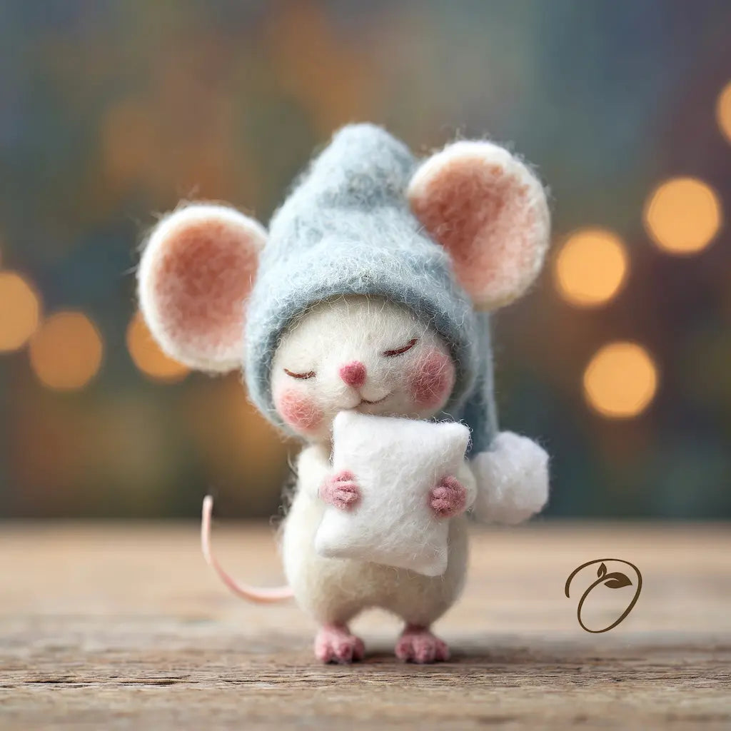 A small needle-felted mouse figurine wearing a soft blue hat and holding a white pillow, standing on a wooden surface with a warm blurred bokeh background.