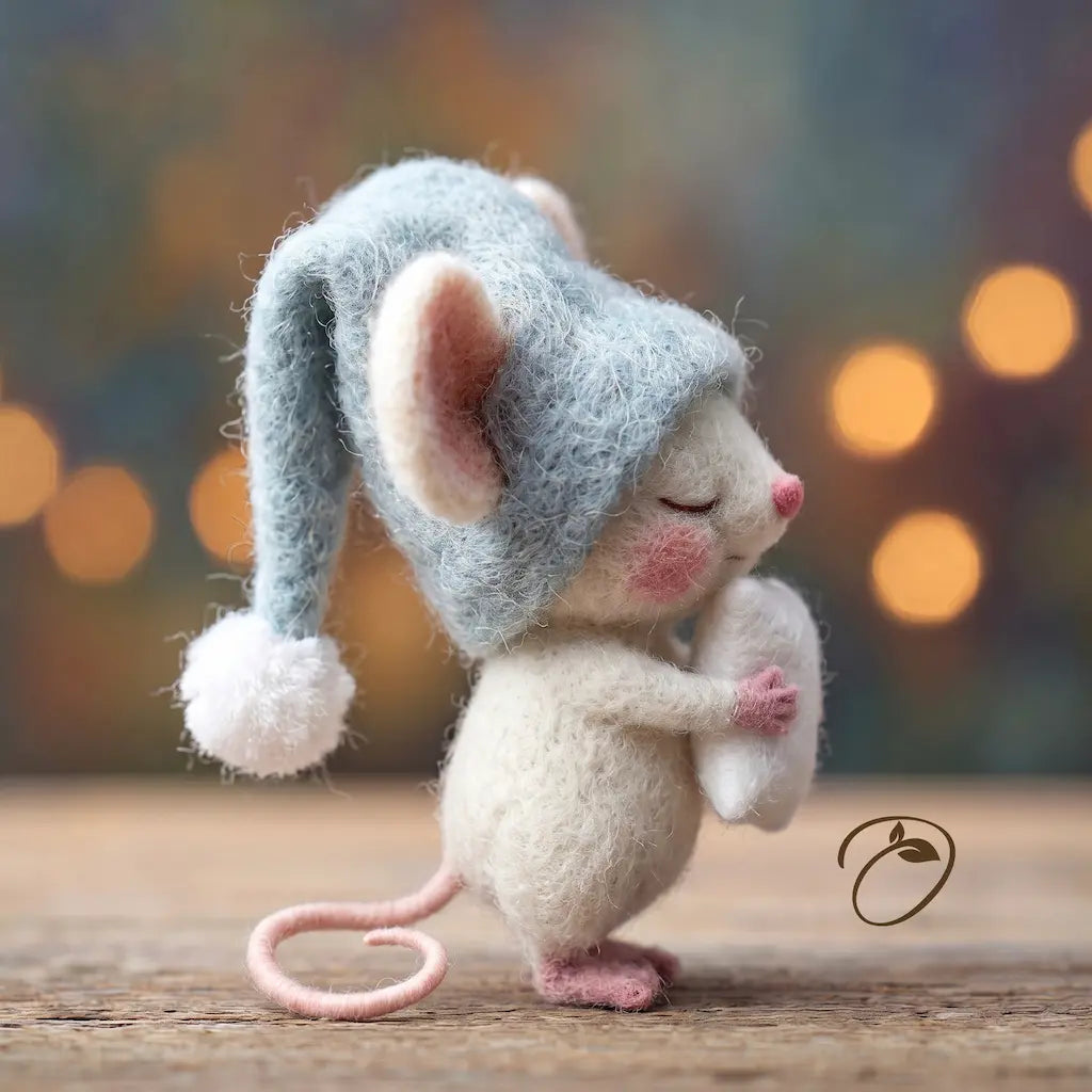 A needle-felted mouse figurine wearing a light blue sleeping hat with a white pom-pom, standing on a wooden surface against a warm, blurred bokeh background.
