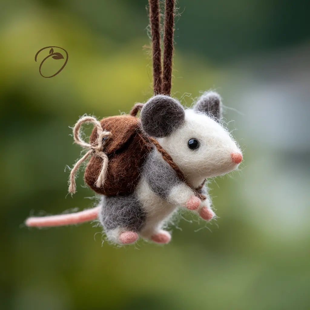 A felted wool mouse ornament wearing a small brown backpack, hanging by a brown cord against a soft blurred green outdoor background.