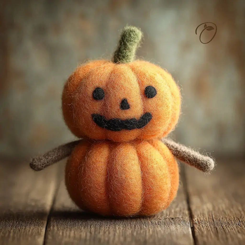 A small felted wool jack-o'-lantern decoration with a green stem, black embroidered face, and brown arms, standing on a wooden surface against a blurred rustic background.