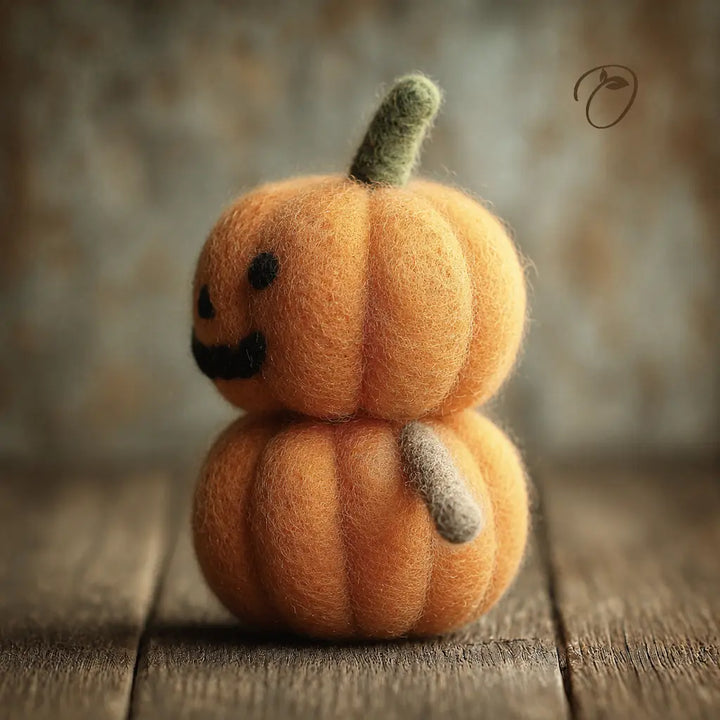 A small felted wool pumpkin decoration with a stacked two-pumpkin design, featuring a warm orange body, dark embroidered facial features, and a muted green stem, set on a rustic wooden surface.