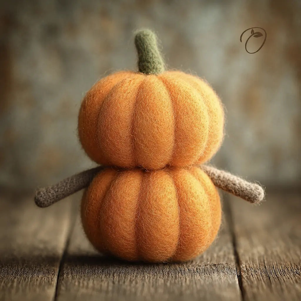 A small felted wool pumpkin decoration with two stacked orange pumpkins, a green stem, and gray arms, photographed on a rustic wooden surface against a softly blurred brown background.