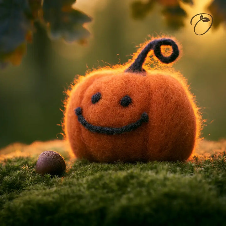 A small orange felt pumpkin decoration with a black curly stem and embroidered smiley face, placed on green moss with a blurred acorn and warm outdoor foliage in the background.
