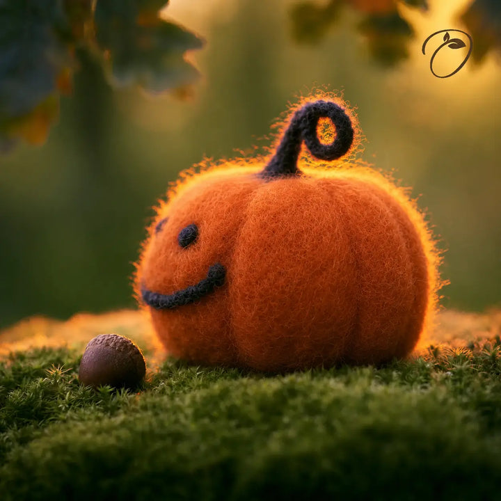 A small orange felt pumpkin decoration with a curly black stem, simple black facial features, and a smiling stitched mouth, placed on green moss beside an acorn in a softly blurred outdoor setting.