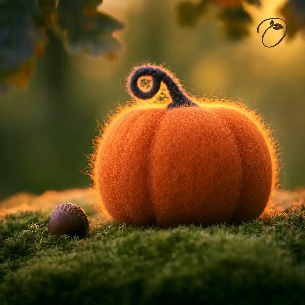A fuzzy orange decorative pumpkin with a curled dark stem sits on green moss outdoors at sunset, with a small acorn nearby and a soft blurred autumn background.