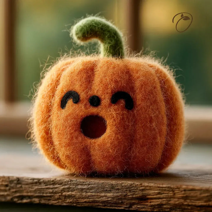 A small orange felt pumpkin decoration with a green curly stem and a cute surprised face, resting on a wooden surface with a softly blurred background.