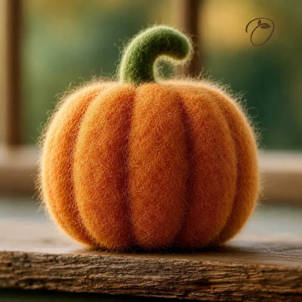 A fuzzy felt pumpkin decoration in warm orange with a curved green stem, resting on a rustic wooden surface against a softly blurred background.