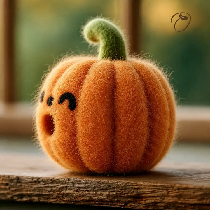 A small orange felt pumpkin with a green stem and a cute black embroidered face, resting on a rustic wooden surface with a soft, blurred background.