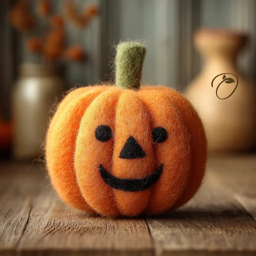 A small orange felt pumpkin decoration with a black stitched face and a green stem, placed on a wooden surface with a softly blurred indoor background.