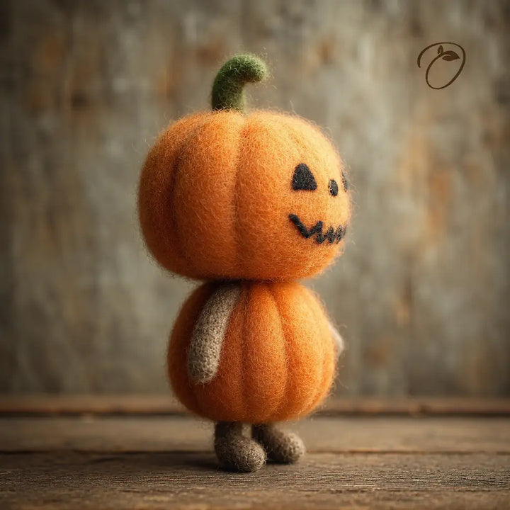 A small felt pumpkin figurine with a carved jack-o&