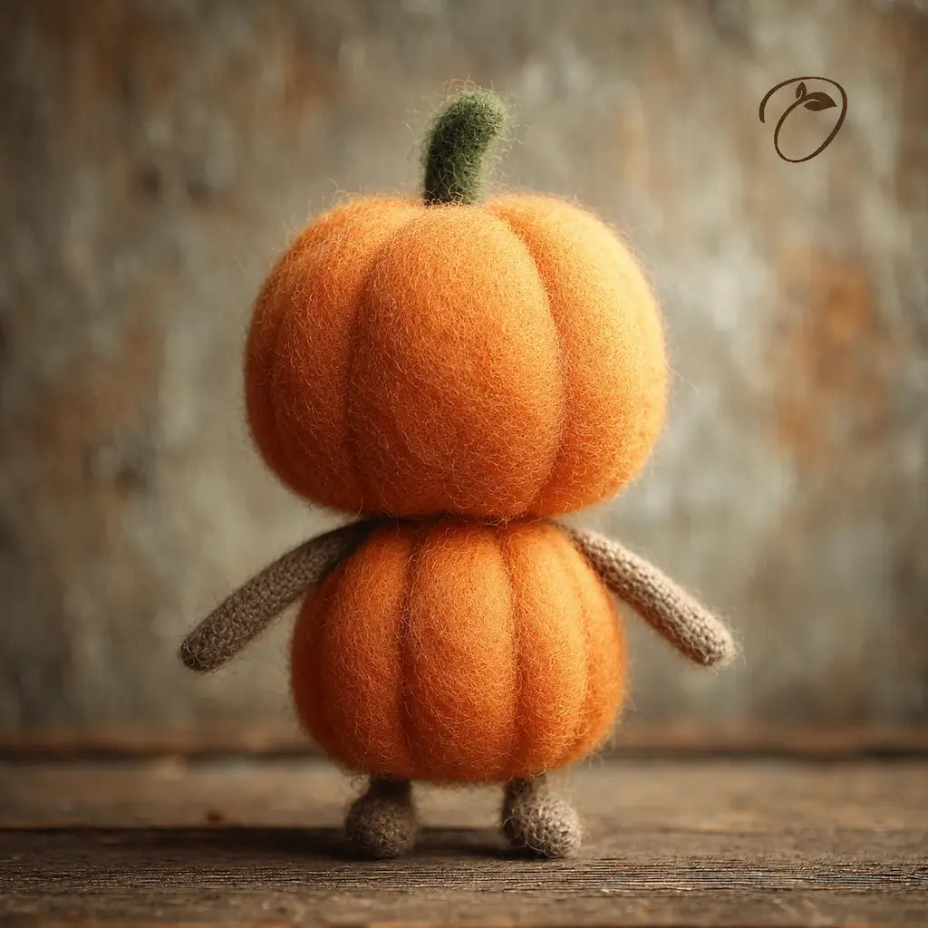 A small felted wool pumpkin figurine with a green stem, orange body, and knitted arms and legs, standing on a rustic wooden surface against a blurred textured background.