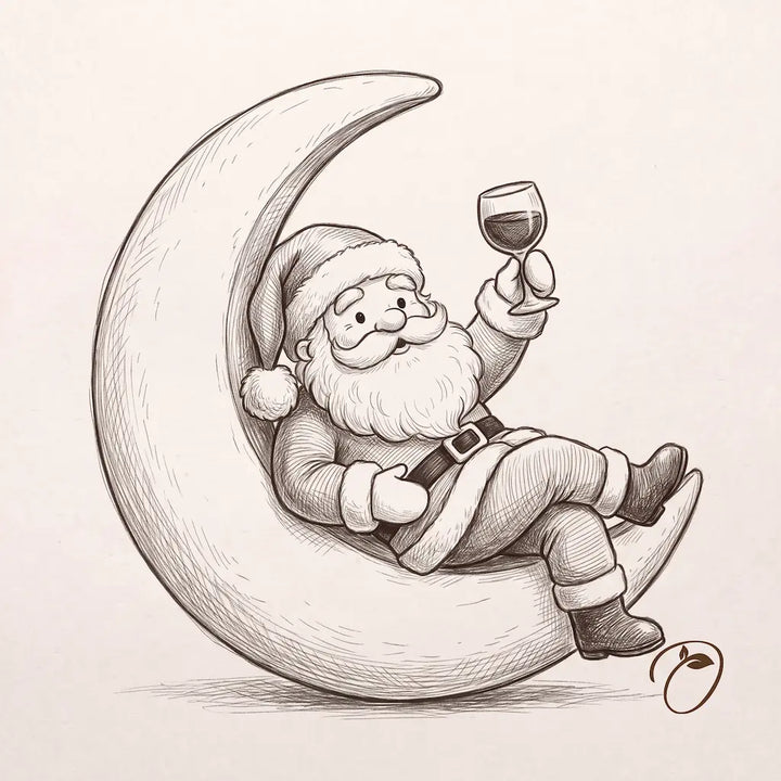 Pencil-style concept illustration of Santa sitting on a crescent moon with crossed legs and a raised goblet.