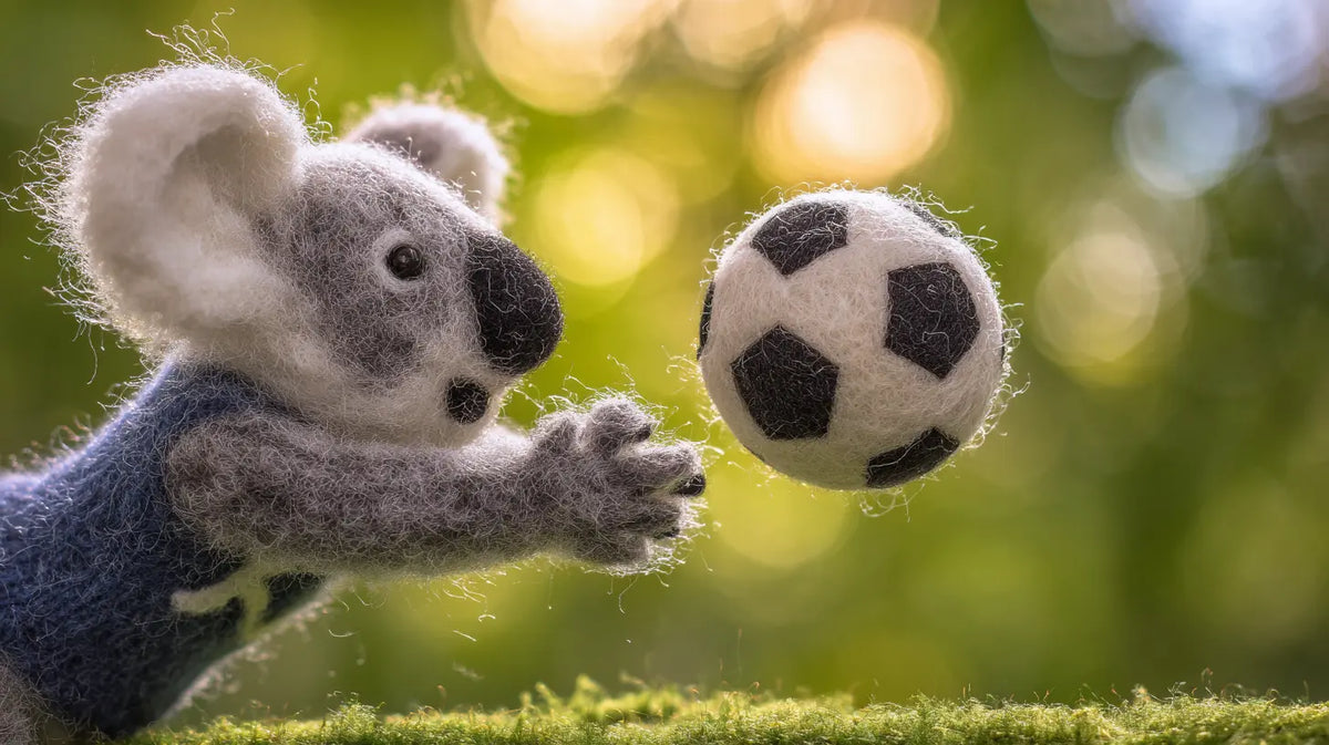 Stuffed koala toy reaching for a soccer ball with a blurred green background