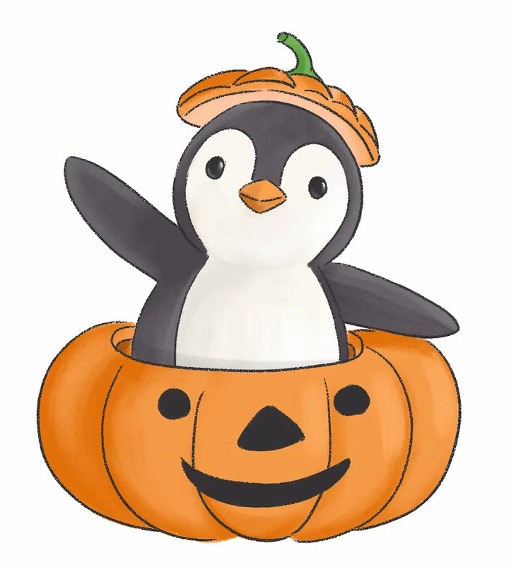 A cute cartoon penguin wearing an orange pumpkin hat, sitting inside a smiling orange jack-o&