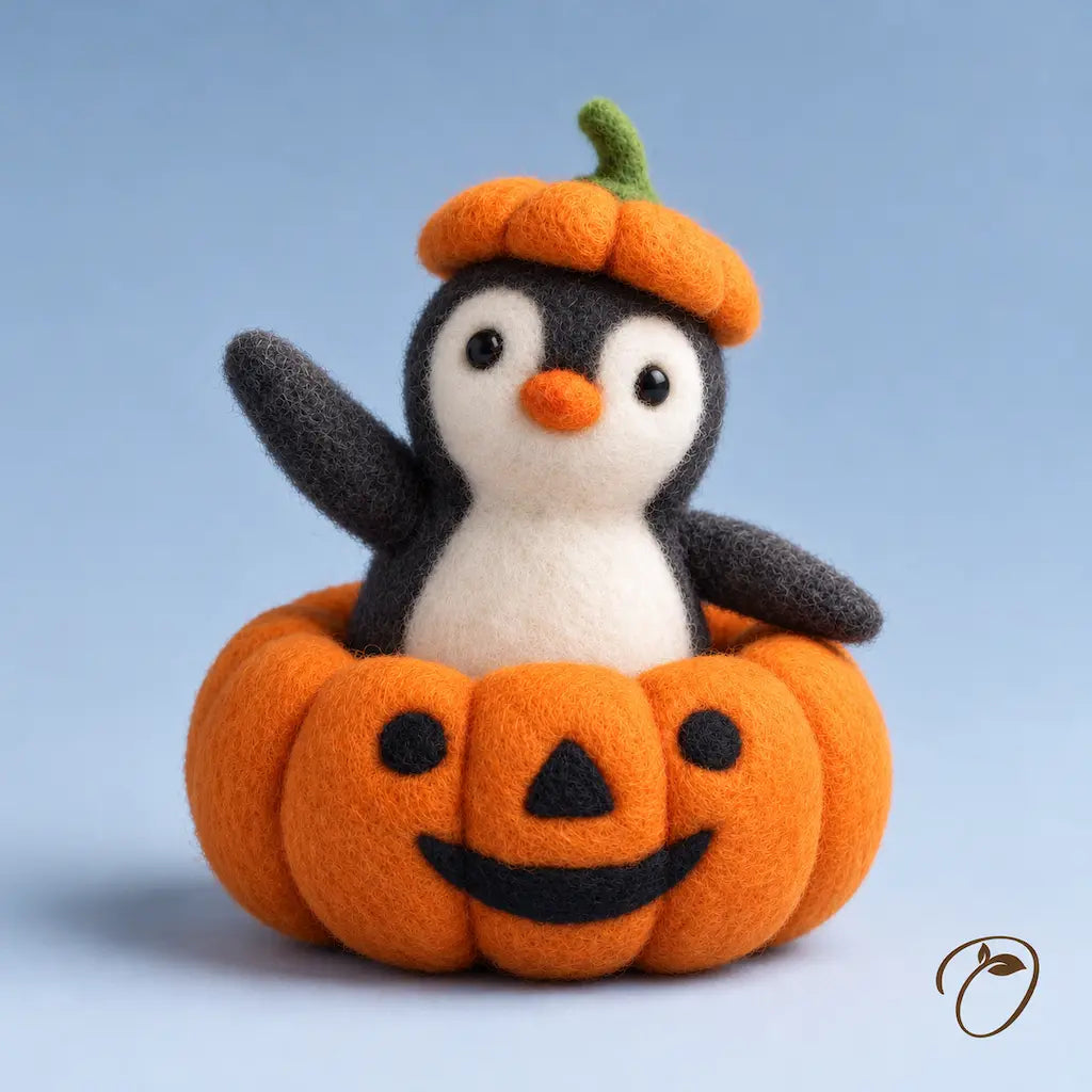 Pumpkin Parade wool felt penguin waving from a smiling orange pumpkin, wearing a pumpkin cap with a green stem.