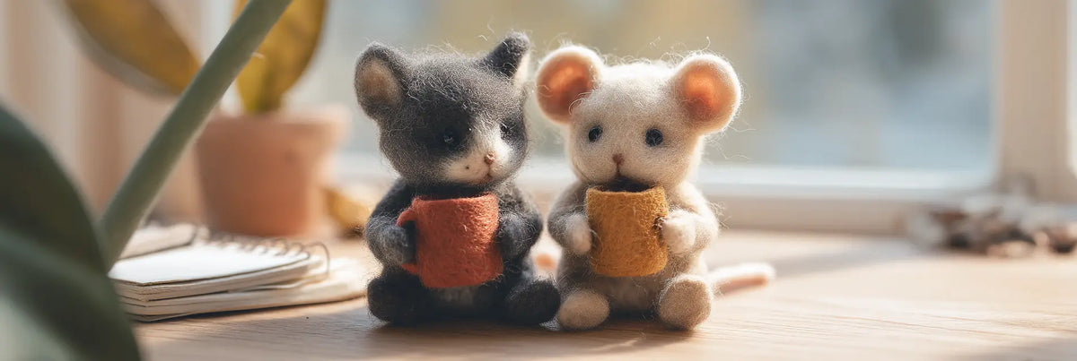 Handmade needle-felted gray cat and cream mouse figurines holding wool mugs together on a sunlit wooden desk.