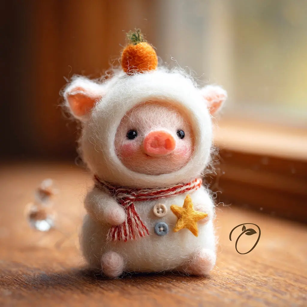 A small felted wool pig figurine wearing a white hooded outfit with a red-and-white striped scarf, a yellow star ornament, and a carrot on its head, posed on a wooden surface in a softly blurred indoor setting.