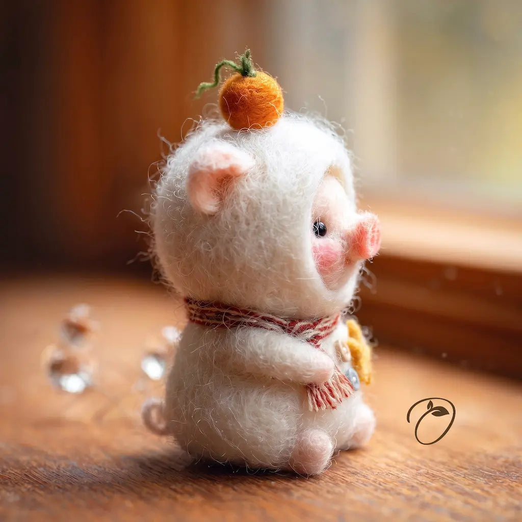 A small felted wool pig figurine with pink ears and snout, wearing a red-and-white striped scarf and holding a yellow flower, sitting on a wooden surface near a window.
