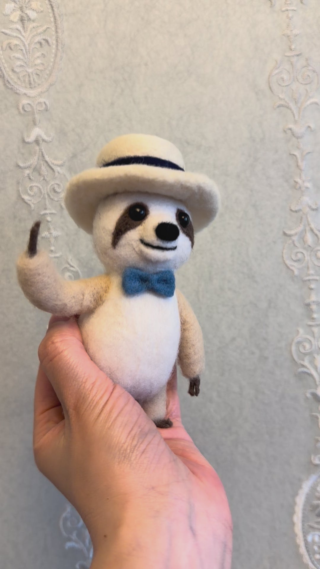 Handcrafted Felt Sloth with Hat and Bow Tie