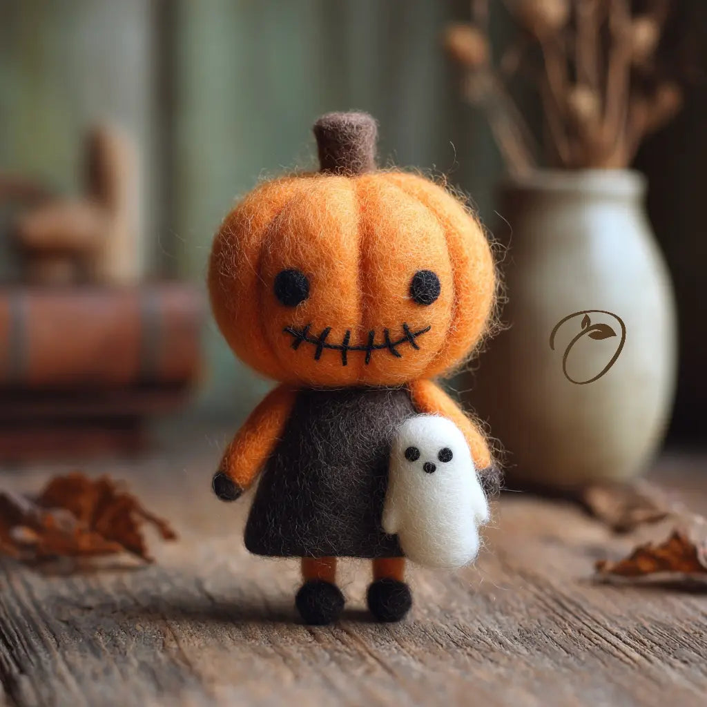 Pumpkin Trickster felt figurine with ghost companion