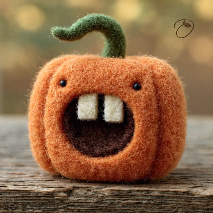 A cute orange felt pumpkin toy with a green stem and a wide open mouth showing two white teeth, sitting on a rustic wooden surface with a soft, blurred background.