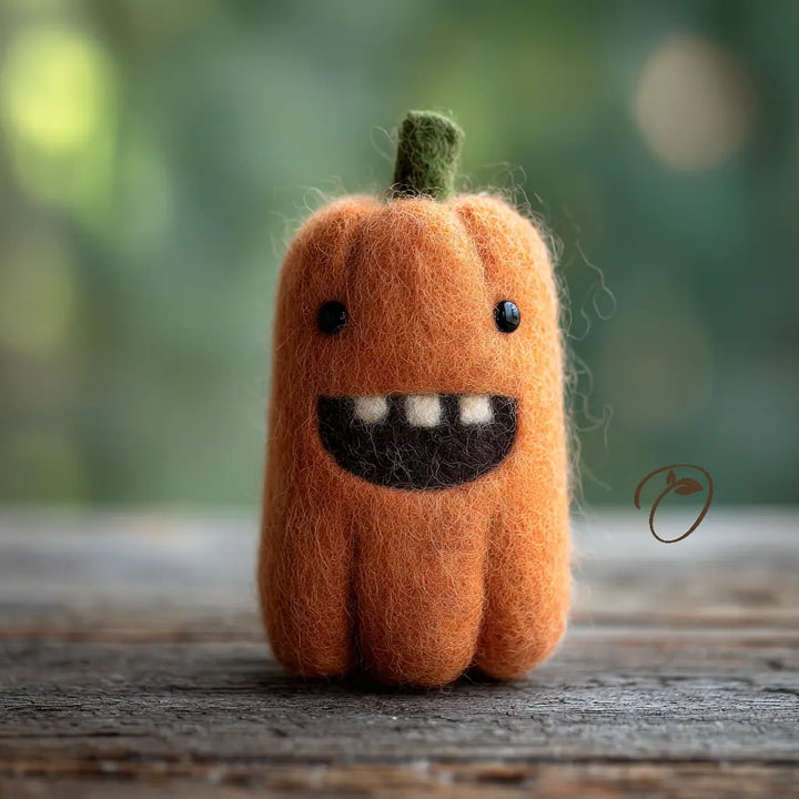 A small orange felt pumpkin character with a green stem, black embroidered eyes, and a wide black smile showing white teeth, standing on a rustic wooden surface with a blurred green outdoor background.