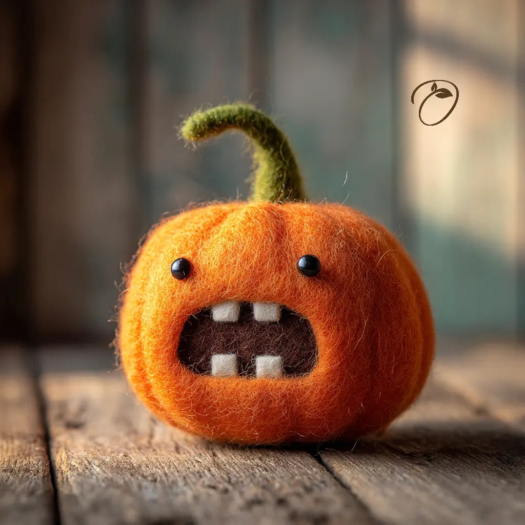 A small orange felt pumpkin figurine with a green stem, black bead eyes, and a stitched open mouth showing white and brown teeth, placed on a rustic wooden surface.