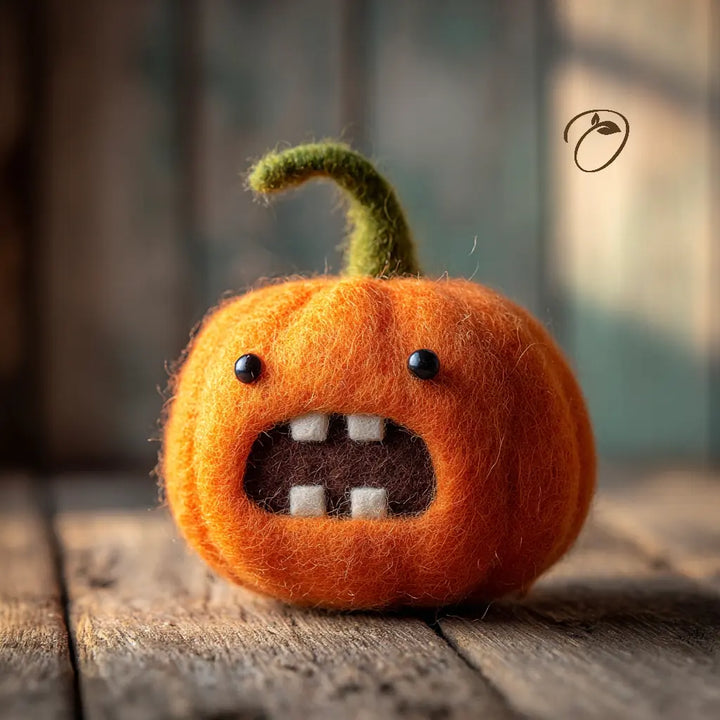 A small orange felt pumpkin figurine with a green stem, black bead eyes, and a stitched open mouth showing white and brown teeth, placed on a rustic wooden surface.