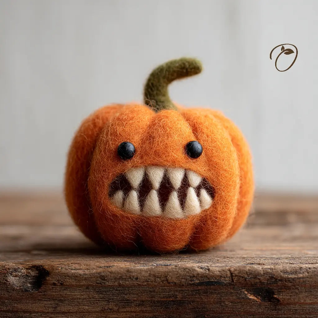 A small orange felt pumpkin with a green stem and a stitched smiling face with cream-colored teeth, sitting on a rustic wooden surface against a soft light gray background.
