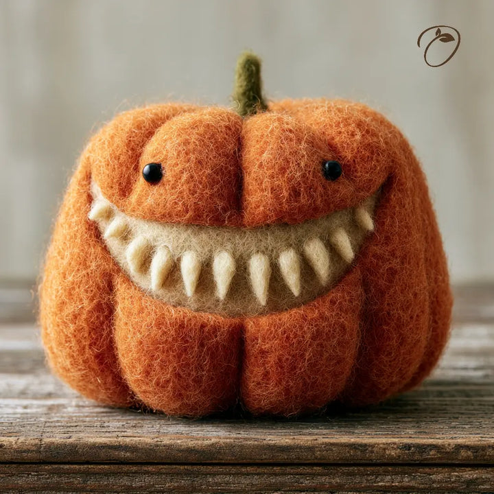 A handmade orange felt pumpkin decoration with a wide toothy grin, black bead eyes, and a small green stem, sitting on a rustic wooden surface.