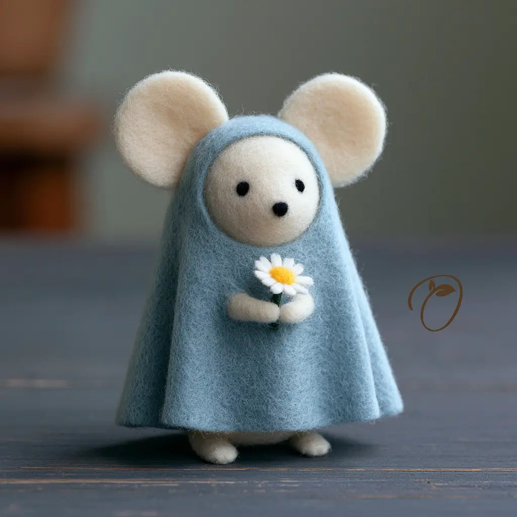 Handmade felt mouse in a pale blue cloak holding a white daisy