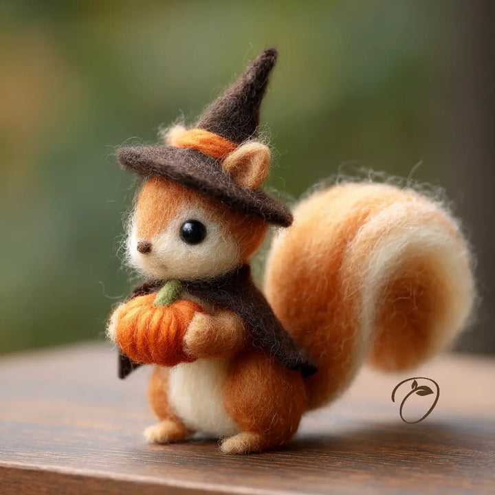 Side view of felt Halloween squirrel wearing a pointed witch hat and cape