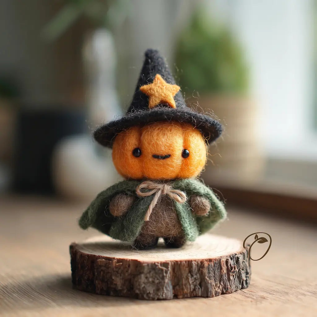 Handmade wool felt pumpkin witch wearing a black star-tipped hat and green cape