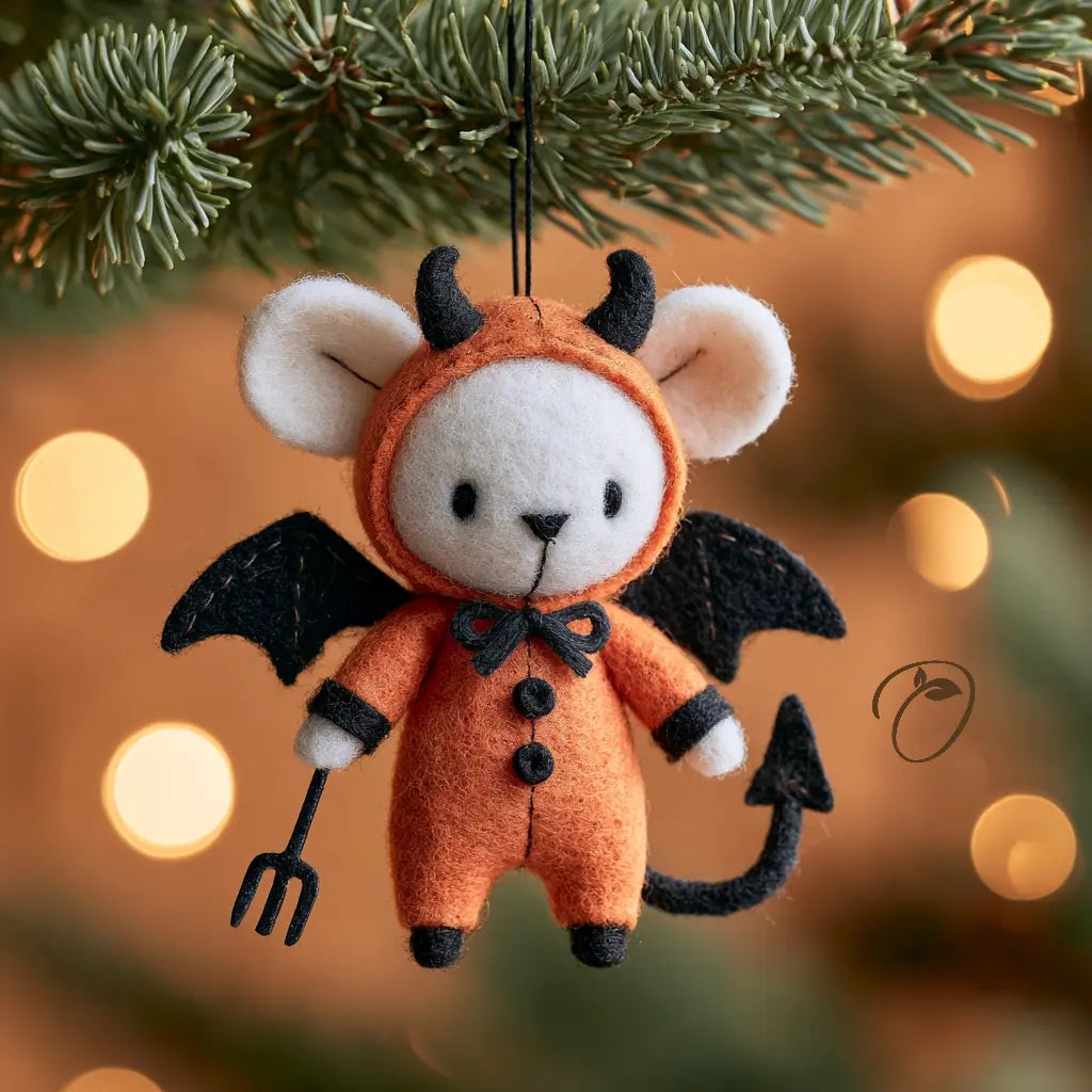 A cute felt baby devil Christmas ornament hanging from a pine branch. The ornament features a white teddy bear face and ears, black horns, bat wings, a black bow tie, and an orange jumpsuit with black buttons.