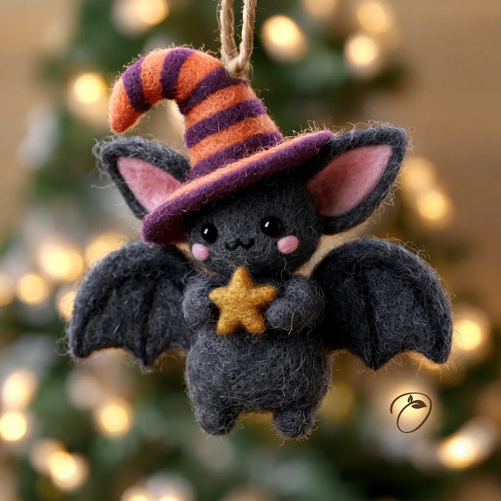 A cute felt bat Christmas ornament hanging from a string, wearing an orange and purple striped witch hat and holding a gold star, with a blurred Christmas tree background.