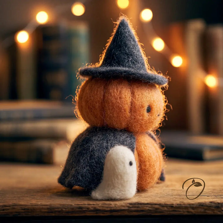 A small felted wool decorative figure shaped like a pumpkin wearing a dark gray witch hat and cape, sitting on a wooden surface with a white ghost figure in front, against a softly blurred background with warm string lights and books.