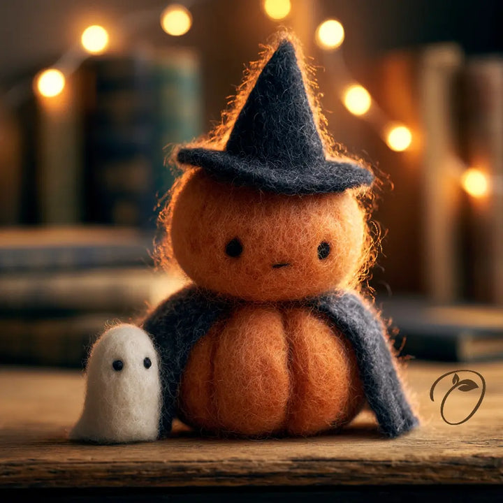 A cute felted wool Halloween decoration featuring a small orange pumpkin character wearing a dark blue witch hat and cape, sitting next to a tiny white ghost on a wooden surface with a warm, blurred background of string lights and books.