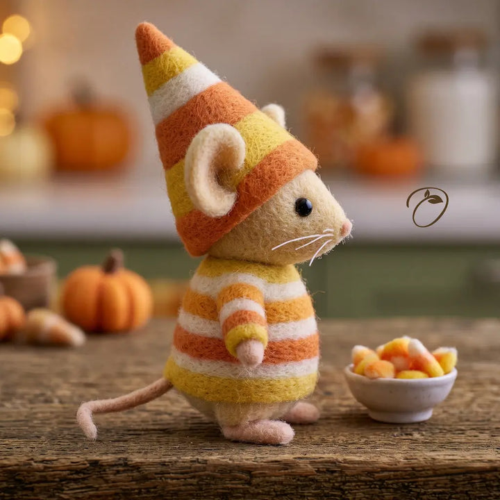 Side view of handmade Halloween mouse with candy corn costume and long tail
