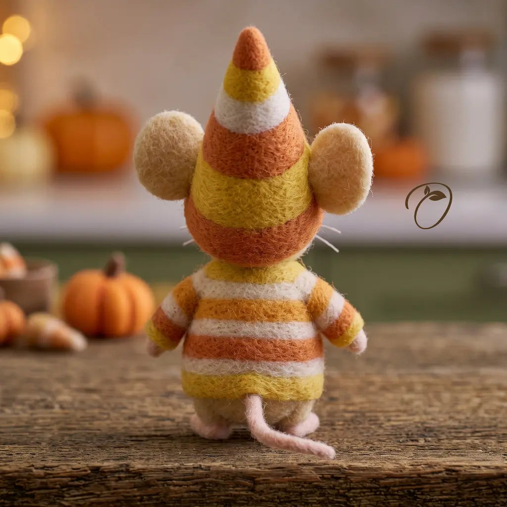 Back view of candy corn mouse figurine with pointed striped hat and wool tail