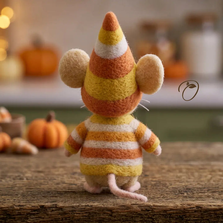 Back view of candy corn mouse figurine with pointed striped hat and wool tail