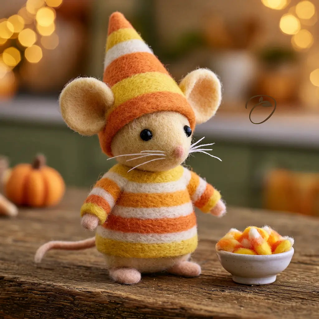 Handmade candy corn mouse wool figurine wearing a striped hat and sweater