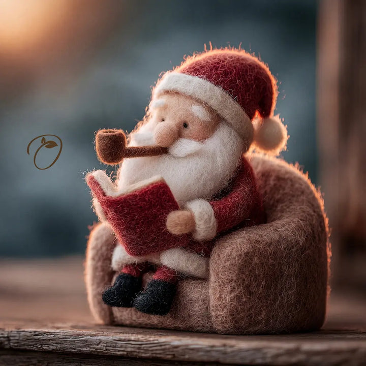 A felt Santa Claus figurine wearing a red hat and coat with a white beard, sitting in a brown armchair and reading a red book while holding a brown pipe. The figurine is photographed on a wooden surface with a softly blurred background.