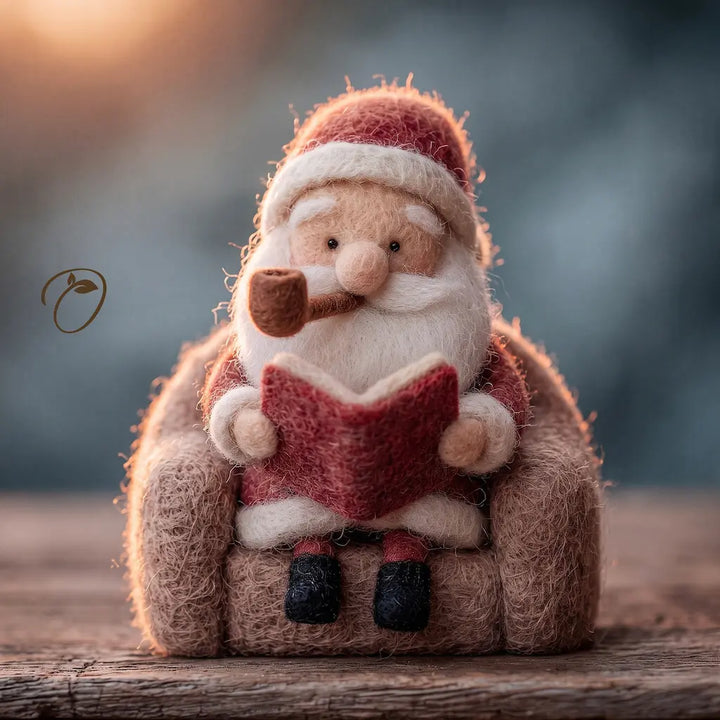 A small felt Santa Claus figurine wearing a red hat and coat, white beard trim, and black shoes, sitting in a brown armchair and holding a red book while smoking a brown pipe. The figurine is photographed on a wooden surface with a softly blurred blue-gray background.