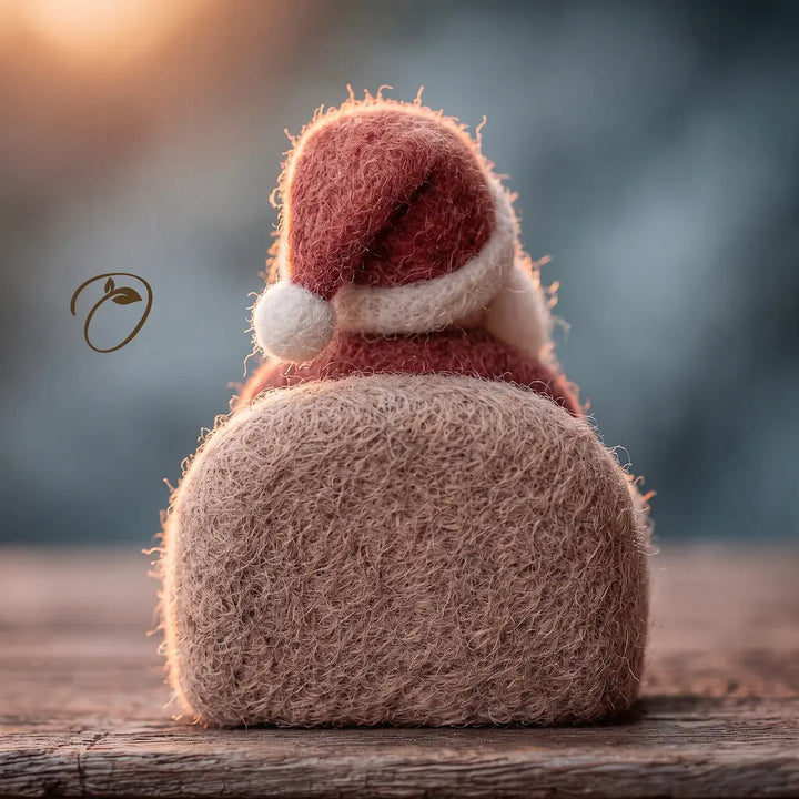 A small fuzzy felt Christmas ornament shaped like a snowman wearing a red Santa hat with a white pom-pom, standing on a rustic wooden surface with a softly blurred blue-gray background.