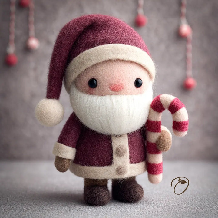 A felt Santa Claus figurine holding a striped candy cane, photographed against a soft gray background with hanging red ornaments.